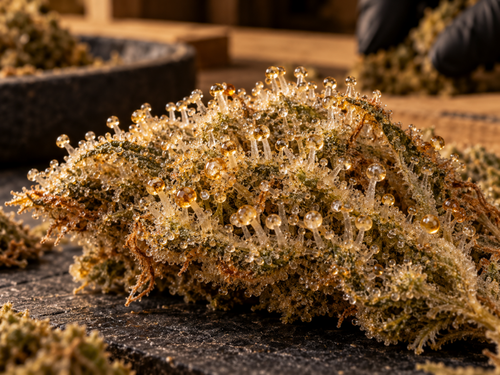 Gros plan sur une fleur de cannabis résineuse