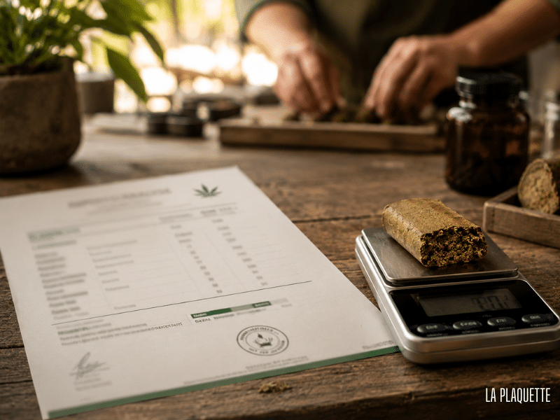 Rapport d'analyse et hash CBD suisse sur une balance de précision — atelier La Plaquette