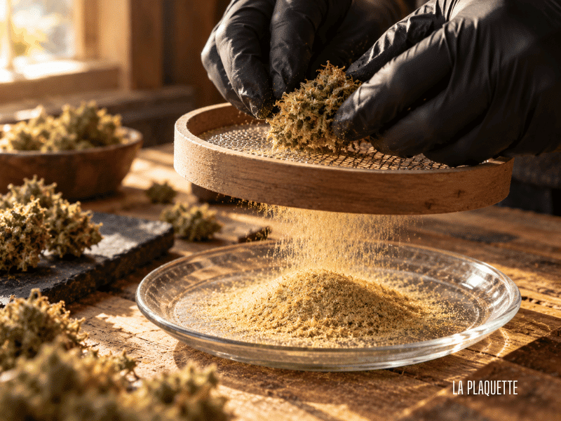 Tamisage à sec du pollen CBD à la main, en Suisse